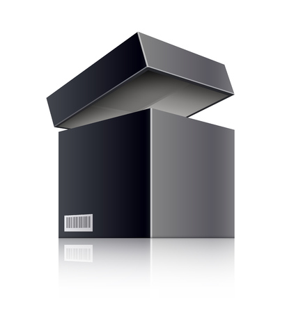 Black open box with lid Realistic packaging with barcode, isolated on white transparent background. Delivery and shipping parcel pack object. Eps10 vector illustration.のイラスト素材