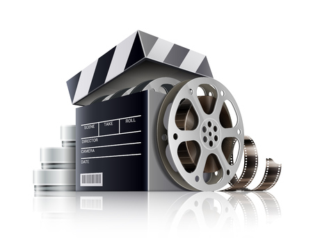 Cinematography or online cinema concept. Movie black box as producer clapper disc with retro movies film-strip, isolated on white background. Eps10 vector illustration.のイラスト素材