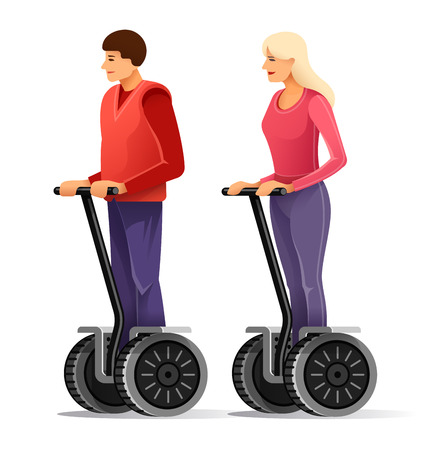 Tourists on self-balancing personal transporter. Young man and girl drive big electric scooter wheels.のイラスト素材