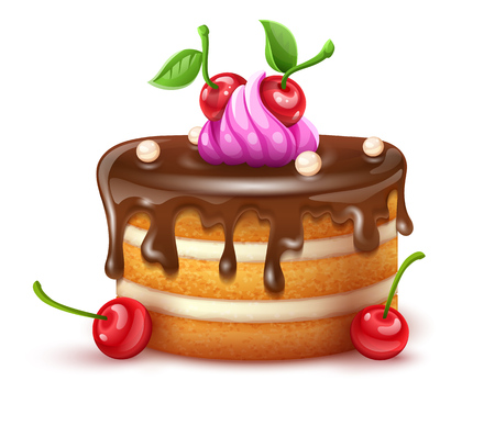 Birthday cake with chocolate creme and red cherries fruits. Sweet dessert food for holiday celebration or children party. Eps10 vector illustration isolated on white transparent background.のイラスト素材