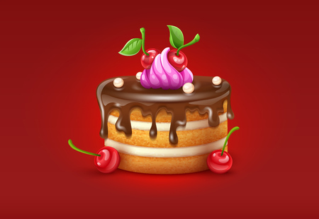 Birthday cake with chocolate creme and red cherries fruits. Sweet dessert food for holiday celebration or children party. Banner or greeting card design on red background. Eps10 vector illustration.のイラスト素材