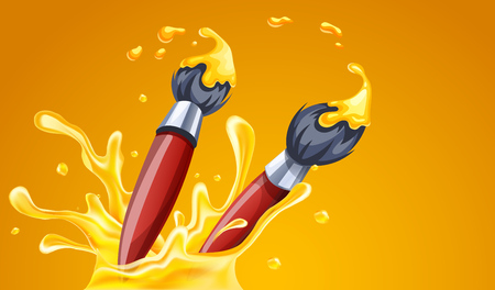 Creative Art banner. Brushes for drawing with paint, splash with spray and drops. Isolated on yellow background. Eps10 vector illustration.のイラスト素材