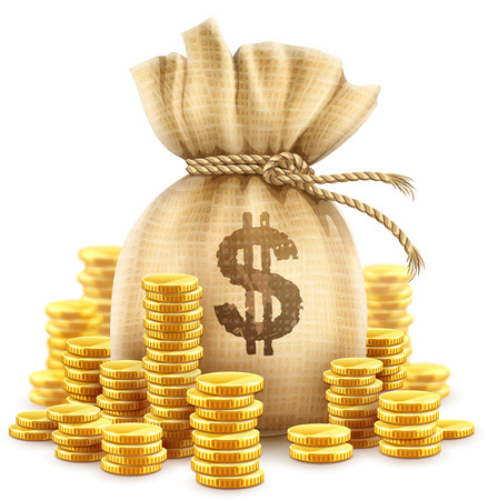 Full sack of cash money corded with rope and heaps of gold coins. Banking concept realistic icon of moneybag with dollar currency sign. Isolated on white transparent background vector illustrationのイラスト素材