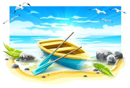 Fishing boat with paddles at coastline of sea on paradise tropical island. Evening Sunset breakers at beach with blue sky and seagulls birds, Isolated on white background. Eps10 vector illustration.のイラスト素材