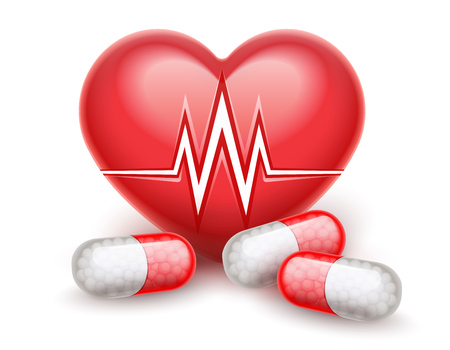 Red heart health treatment pills drugs. Heart attack icon with heartbeat cardiogram graph line. Realistic medical. Healthcare concept. Isolated on white transparent background. Vector illustration.のイラスト素材