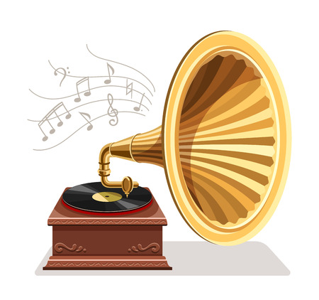 Vintage gramophone with vinyl recording on disc. Gramophone vinyls records retro player isolated on white background. Art and classic music concept. Vector illustration.のイラスト素材