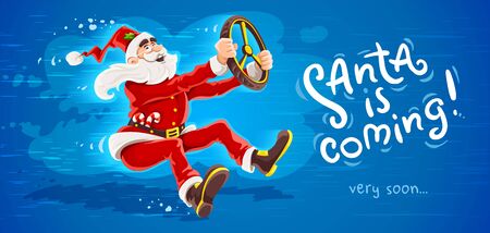 Christmas Santa Claus drives vehicle with wheel of virtual car. High-speed driving to holiday. Cartoon character in red suit with beard as symbol of christmas. Eps10 vector illustration.のイラスト素材