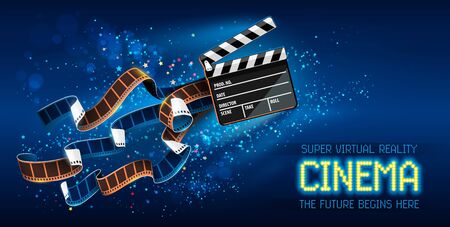 Cinema producers clapperboard for film making flying in Space with trails of stars and film-strip films. Super virtual reality online movie theater concept on blue background. Vector illustration.のイラスト素材