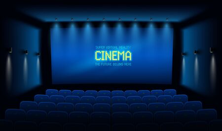 Empty movie theatre. Dark cinema hall with with blue screen. Modern movies theater for festivals and films presentation. Interior design. Online Cinema concept. Vector illustration.のイラスト素材