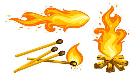 Set of Cartoon touristic campfire burning firewood, matches and jet torch. Hot flames with sparks from fire isolated on transparent white background. Summer camping flat symbol. Vector illustration.のイラスト素材