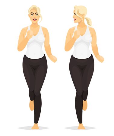 Blonde girl running at morning jog fitness workout. Young girls do active sport. Healthy body lifestyle concept, Isolated people on white background. Simple flat vector illustration.のイラスト素材