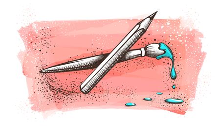 Hand drawn artist brush and pencil for drawing on watercolor painted banner shape background. Artistic gallery album paper art concept with blue paint drops and splashes. Eps10 vector illustration.のイラスト素材