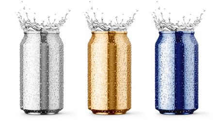 Wet metallic aluminium tin cans for beer, cola, juice energy drinks with drop and water splashes set of coloured packing for fresh drink mockup, Isolated on white background. 3d rendered illustration.の写真素材