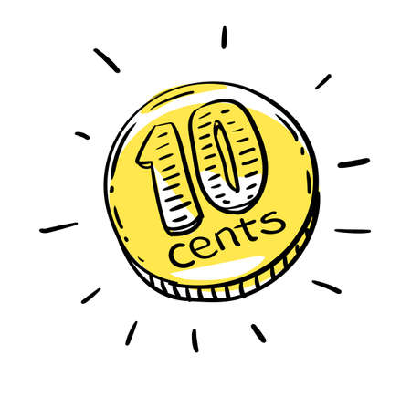 10 cents coin of very small amount of money. Gold Coin shining currency symbol. Best offer and super sale price creative concept. Vector illustration.のイラスト素材