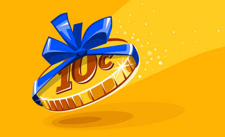 10 cents coin in gift wrapping with bow blue ribbon. Creative concept of inadequate assessments of work costs. Unfair business and exploitation for small earnings. Work for food. Vector illustration.のイラスト素材
