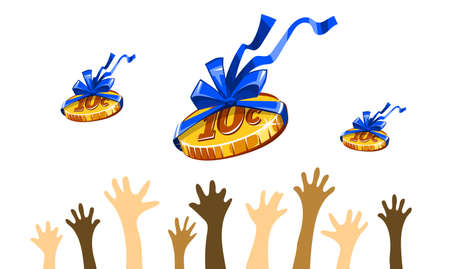 10 cents coin for workers in gift wrapping with bow blue ribbon. Creative concept of inadequate work costs. Unfair business and exploitation for small earnings. Work for food, vector illustration.のイラスト素材
