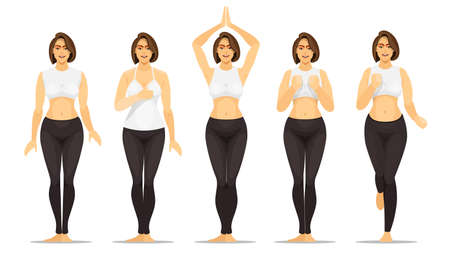 Gym fitness workout. Group of young girls do active sports, yoga, running and exercises. Healthy body lifestyle conceptのイラスト素材