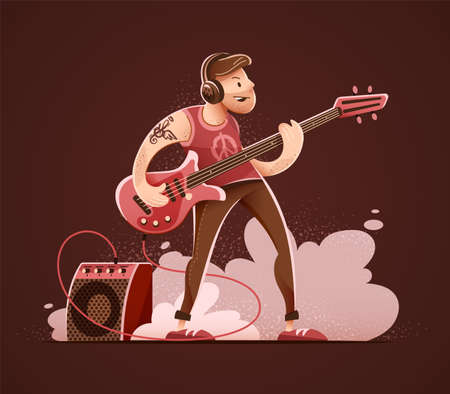 Rock guitar player man in headphones, playing rock music with bass guitar on concert stage. Sound amplifier speaker in smoke. Character isolated on dark background. Eps10 vector illustration.のイラスト素材