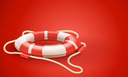 Life buoy for drowning rescue and help support on red backgroundの写真素材
