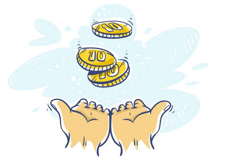 Cashback Concept. Human hands katching 10 cents coins of very small amount of money. Gold Coin shining currency symbol. Best offer and super sale price creative concept. Illustration.の写真素材