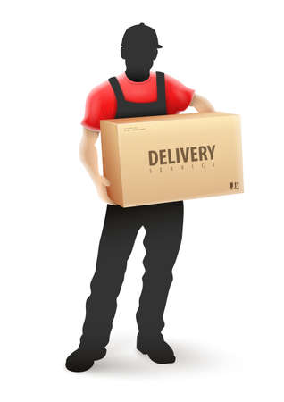 Delivery service man postman silhouette in black uniform holding cardboard box parcel in hands. Vector illustration, eps10 isolated white backgroundの写真素材