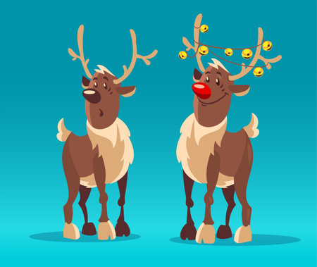 Rudolph reindeers christmas cartoon character, smiling northern animal with red nose and antlers blue gradient background. Eps10 vector illustration.のイラスト素材