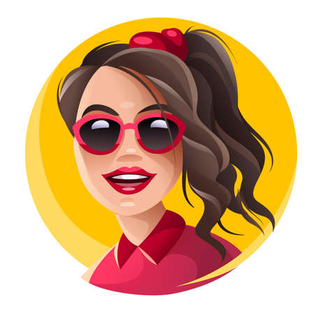 Pretty girl face in fashionable sunny sunglasses and cool hairstyle with message cloud. Web banner for social media or site design, Isolated on white background. vector illustration avatar icon.のイラスト素材
