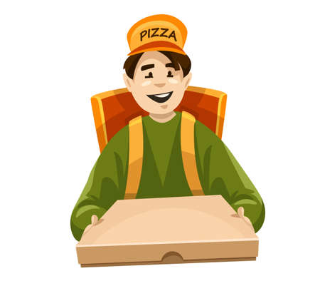 Pizza delivery courier with Box. Cartoon character pizzeria order. Deliveryman carrying box fast food isolated. Fastfood couriers service. Delivery italian pizza in boxes. Flat vector illustration.のイラスト素材