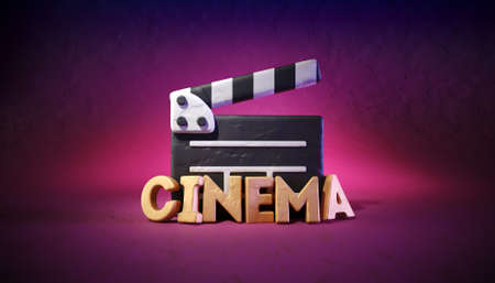 Cinema director clapper and letters made of modeling clay. Online movie theater. Filmmaking concept. Motion picture industry property at bright colourful background. 3d rendered illustration.の写真素材