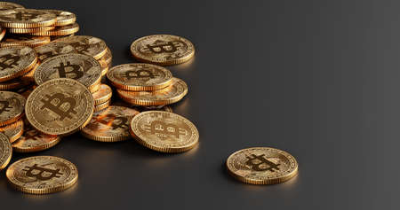 Bitcoin Crypto currency coins. BTC Gold bitcoin Bit Coins bitcoins on dark background with shallow depth of field. Bitcoins mining concept, Blockchain money technology. 3d rendered illustrationの写真素材