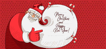 Stylish comics card with cartoon Santa Claus character and holidays greetings on beard Merry Christmas and Happy New Year. Eps10 vector illustration.のイラスト素材
