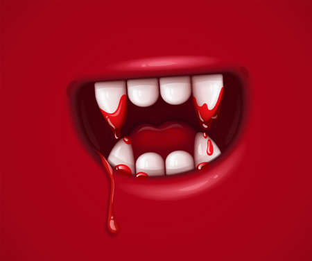 Vampire monster cartoon mouth with bloody fangs and drops of blood for Halloween holiday. Vector illustration on red background.のイラスト素材