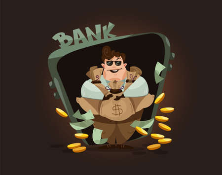 Cartoon character of businessman, successful banker or trader with money gold coins falling around. Flat design of male cartoon office manager message cloud text. Vector illustration.のイラスト素材