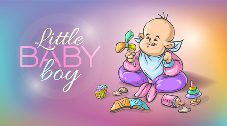Baby boy infant playing with toys on the floor. Human kid growth. Vector illustration of the hand-drawn cartoon character with outline contour.のイラスト素材