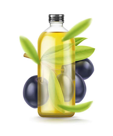 Olive Oil glass bottle. Realistic black olives branch leaves. Extra virgin olive oil mockup design, natural organic cosmetics, healthcare product isolated on white background. Vector illustration.のイラスト素材
