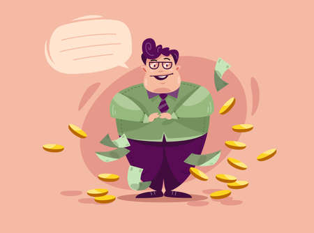 Cartoon character of businessman, successful financial consultant or trader with money gold coins falling around. Flat design of male cartoon office manager message cloud text. Vector illustration.のイラスト素材