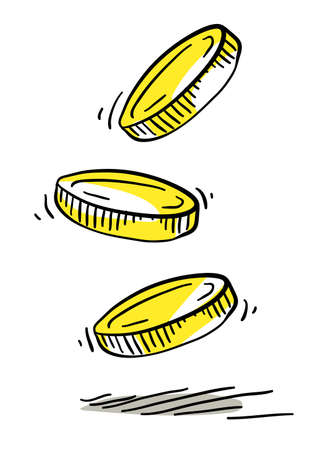 Gold coins falling down design isolated on white transparent background. Hand drawn draft sketch Vector Illustration.のイラスト素材