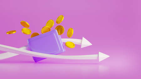 Gold coins falling and floating around purse. Illustration of Economy and finances concept with...