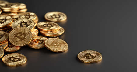 Bitcoin Crypto currency coins. BTC Gold bitcoin Bit Coins bitcoins on dark background. Bitcoins mining concept, Blockchain money technology. 3d rendered illustrationの写真素材