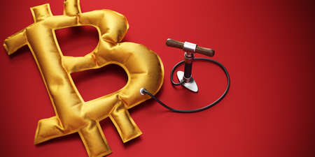 Bringing resuscitation to the Bitcoin. Manual hand pump connected to the inflating golden balloon in the shape of bitcoin virtual cryptocurrency symbol. 3d rendered illustrationの写真素材