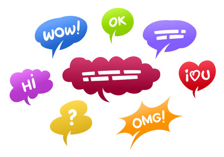 Comics message clouds collection. Hand drawn speech bubbles. Chat emotions messages. Comic balloon doodle style. Web design elements text for banners. Isolated on white background. Vector illustrationのイラスト素材
