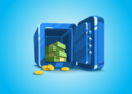 Open safe with Money inside. Bank equipment for financial business. Gold coins and paper cash money in packs. Cartoon icon on blue background. Safe storage concept. Vector illustrationのイラスト素材
