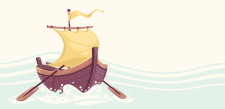 Little cartoon sail boat with paddles. Wooden ship for ocean, sea or river. Marine transport. Vector Illustration on wave lines backgroundのイラスト素材
