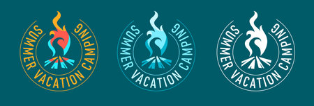 Emblem for camping or touristic organization with burning campfire coloured flame and text in circle. Vector illustrationのイラスト素材