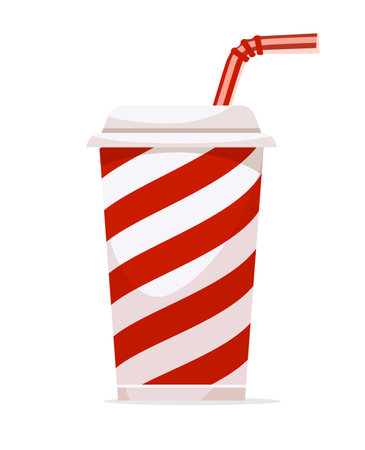 Paper cup for drinks with lid and red straw. Cola, water, soda, juice beverages pack for fast food. Isolated on white background. Vector illustrationのイラスト素材