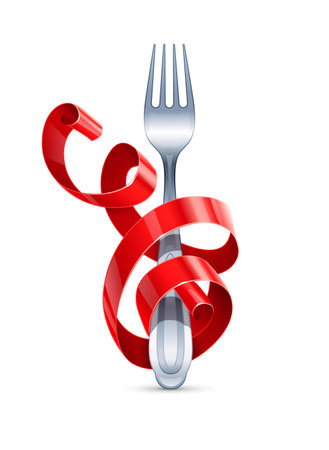 Table fork braided with red ribbon around. Isolated on white background. Festive menu concept. Vector illustrationのイラスト素材