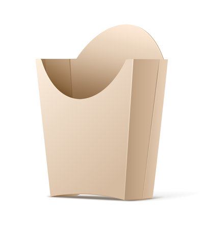French fries kraft paper carton packaging. Pack mockup for french-fried potatoes fast-food. Mockup bundle snacks isolated at white background. Vector illustrationのイラスト素材