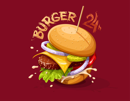 Hamburger with beef meat cutlet, cheese and splashing sauce isolated on red background. Cheese burger. Burger with tomato, pickled cucumbers, onion rings in hamburger bun. Cafe. Vector illustrationのイラスト素材