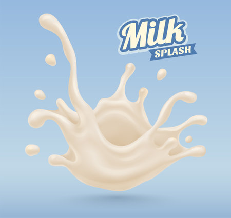 Splash of sweet dairy yoghurt or milk liquid with flying drops. Vector illustrationのイラスト素材