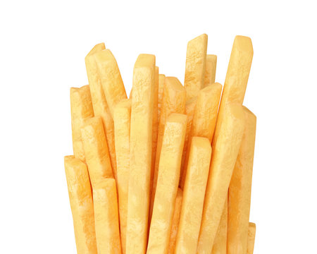 French Fries Isolated. Roasted potato chips in deep fat fry oil potatoes. Yellow sticks. Fastfood. Unhealthy tasty food isolated on white background. 3D illustrationの写真素材